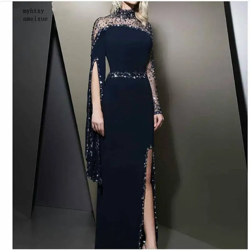 

New Arrival High Neck Black Cheap evening Dress 2020 Kaftan Dubai Long Sleeve Mermaid Dress Party Evening Gowns Robe De Soiree