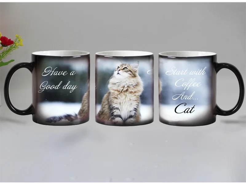 

Free shipping Lovely CAT Heat Reveal Mug Ceramic Color Changing Coffee Mugs Magic Tea Cup Mug