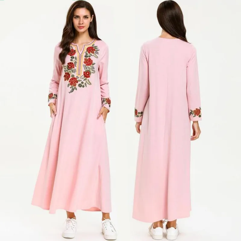 Мусульманское платье Abaya одежда ислам женское вышитое хлопковое с v образным