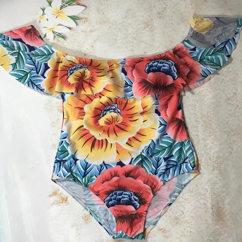 2018 бикини женский с цветочным принтом Цельный открытыми плечами гофрированный