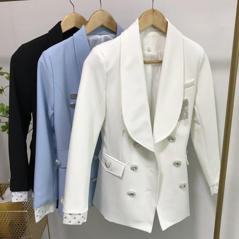 

OXANT Diamond Women's Spring Jacket Brooch Removable Long Sleeve Double Breasted Blazer Female 2019 Fashion OL Clothing