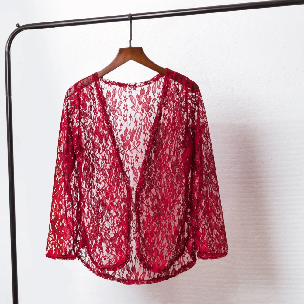 Женский кружевной кардиган рубашка с длинным рукавом Блузка Прозрачная одежда