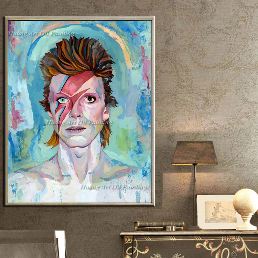 

Hand Painted Famous Singer Portrait Painting David Bowie Oil Painting Wall Art for Living Room Decor Abstract Face Character