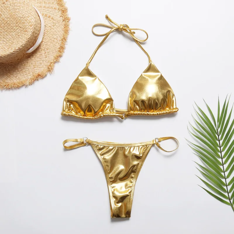 

Summer Sexy Women Gold Micro Triangle Bikini Sets Women Bright Bronzing Lace Up Swimsuits Beach Bathing Suits Thong Bikini