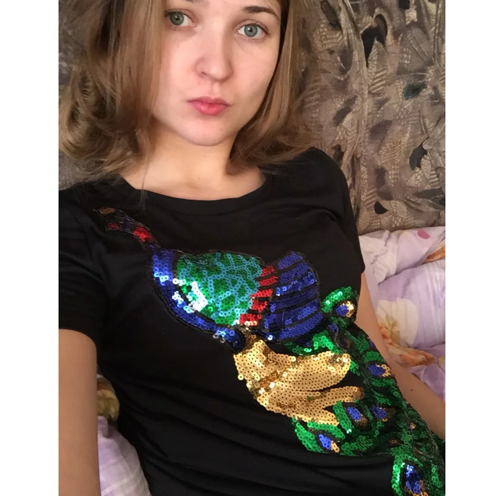 Женская футболка с блестками расшитая павлином новинка 2018|t-shirt women|fashion t shirt woment