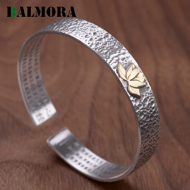 

BALMORA Solid 990 Pure Silver Lotus Heart Sutra Buddhism Bangles for Women Mother Vintage Jewelry Accessories Esposas WBH0241