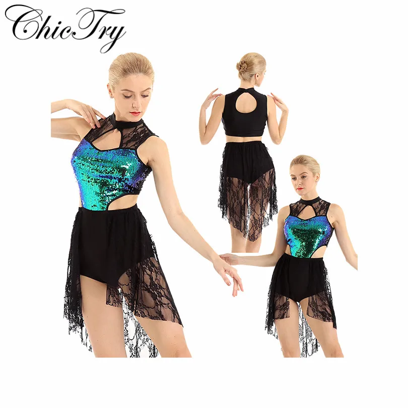 ChicTry Fashion Women Shiny Sequins Lace Bodice Asymmetric Ballet Dance High-Low Dress Lyrical Modern Contemporary Costume Dress