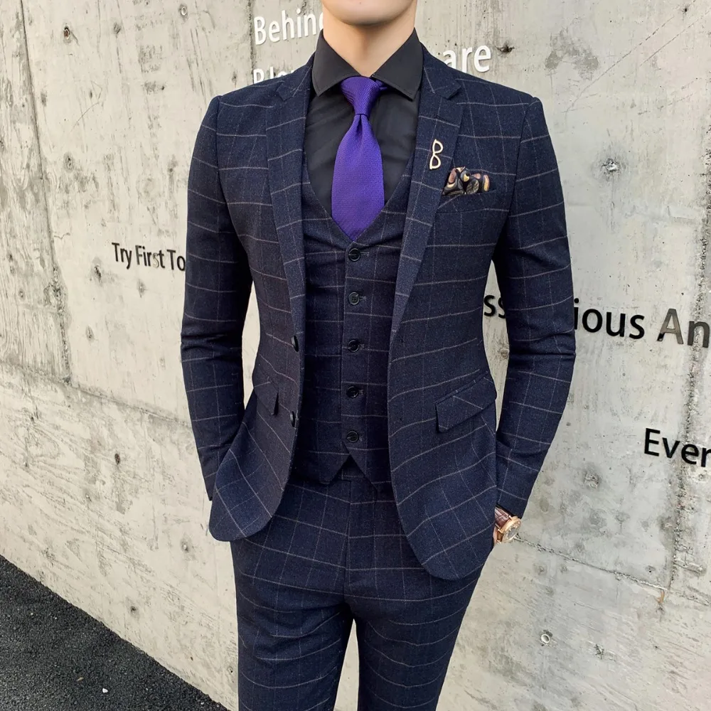 Костюм из 3 предметов жилет Темно Синий Классический Клетчатый мужской костюм со