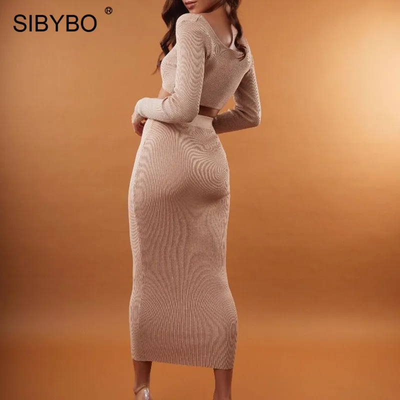 Sibybo, Ребристое, с длинным рукавом, сексуальное, из двух частей, платье, квадратный воротник, высокая талия, повседневное, облегающее, одноцветное, Клубные, вечерние, женское платье