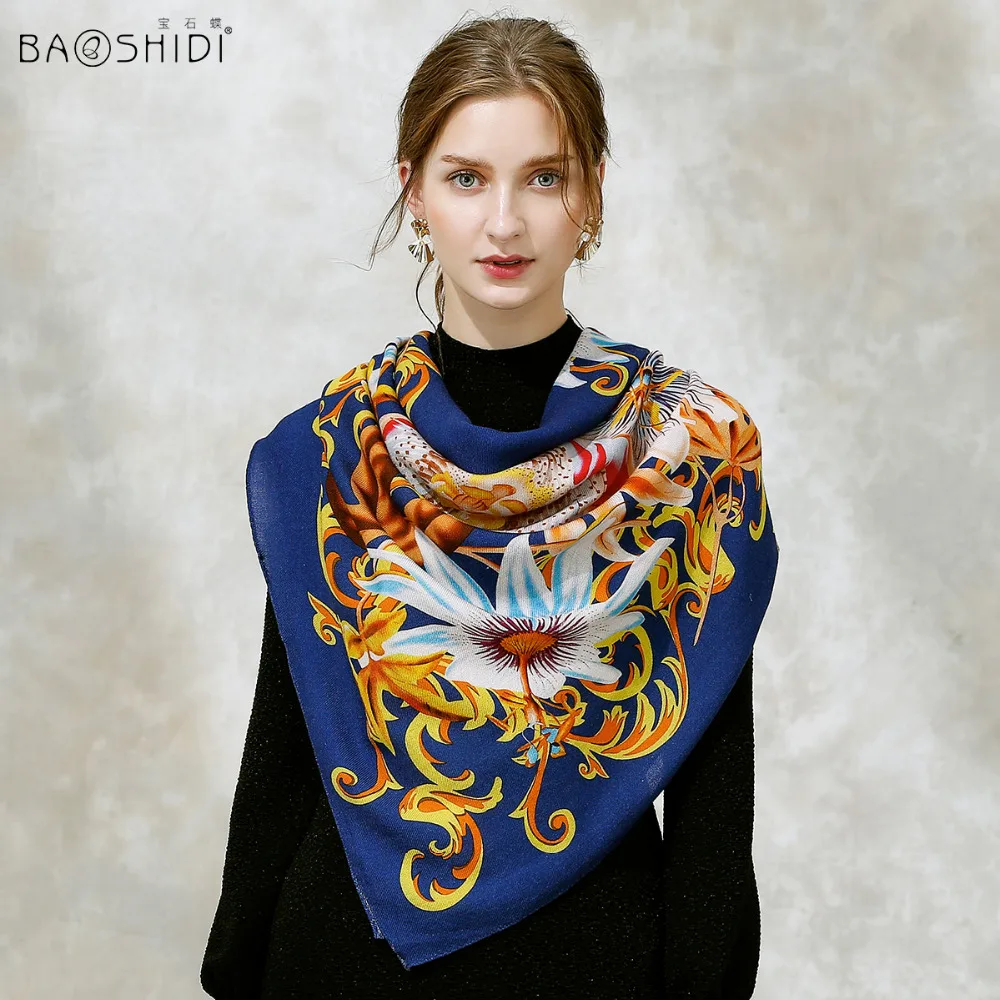 

[BAOSHIDI]2017 Fashion Floral Design wool scarf, luxury brand winter scarves, 100% wool fabric top quality square warm scarf
