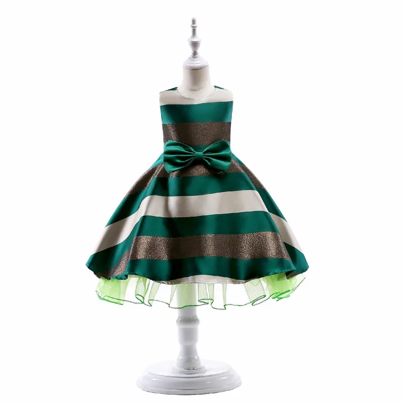Girl lace bow ball gown dresses children's performance clothing sleeveless striped baby kids party wedding formal dress | Детская