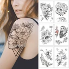 Водостойкая Временная тату-наклейка с цветами, розами, листьями, стразами, пионами, черные татуировки, боди-арт на руку, искусственная татуировка