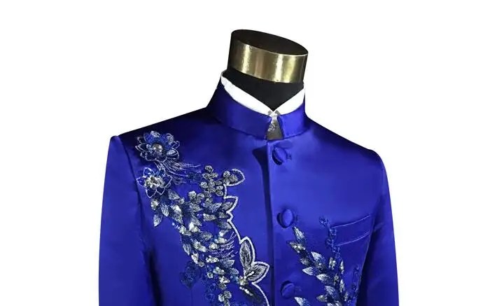 Blazer men Chinese tunic suit set with pants mens wedding suits costume singer stage Blue embroidery clothing slim formal dress | Мужская