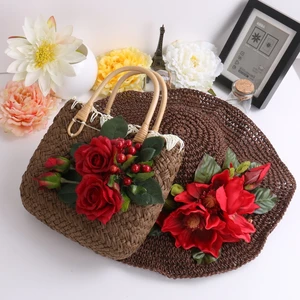 Women Straw Totes Hat Set Vintage Beach Bags Fashion Summer Floral Bags and Straw Hat Handmade Flower Bags for Travel Holiday