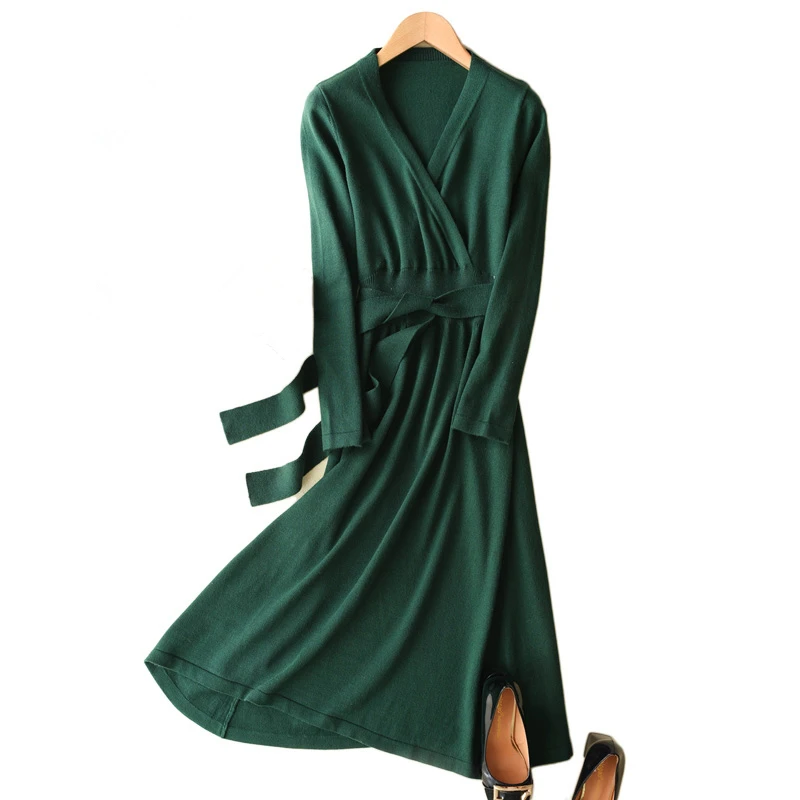 Autumn Winter New Arrival 2019 Women Cashmere Sweater Dress V-Neck Slim Long Sweaters Solid High quality Soft Wool Dresses | Женская