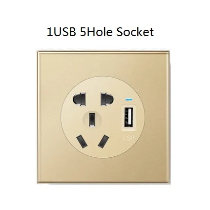 1USB 5Hole Настенный выключатель, Золотая стеклянная панель, 1 банда, 2 банды, 3 банды, 4 банды, 1Way, 2Way, 3Way, 4Way, настенный светильник, 3 отверстия, 5 отверстий, розетка - Цвет: 1USB 5Hole