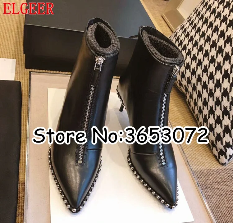 Pointy Toe Stiletto Studs Embellished Women Ankle Boots Black Leather Zipper Gladiator Motorycle botas mujer High Heels | Обувь