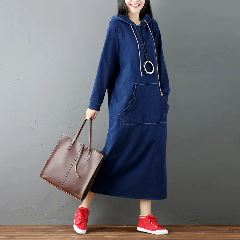 Осень зима 2017 однотонное женское джинсовое платье милое с длинным рукавом