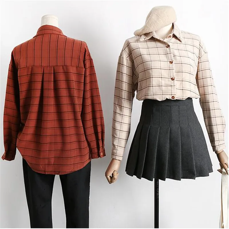 2018 Spring New Style Women Fashion Retro Lapel Neck Plaid Shirt Female Loose Long Sleeve Shirts Women's Cotton and Linen Blouse |