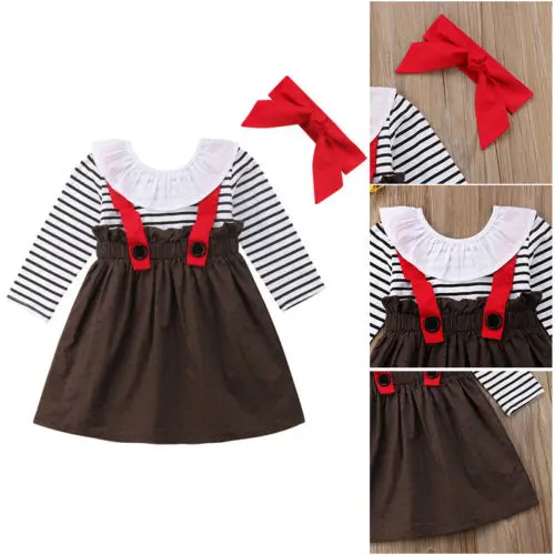 New Kid Girl Long Sleeve Stripe Brace Dress Headband Clothes 2Pcs Newborn Baby Princess Strap Tutu | Детская одежда и обувь