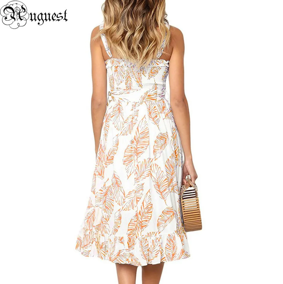 

Uguest Women Summer Party Dress Spaghetti Strap Ruffles Square Collar Floral Printed Sashes A-line Casual Dress