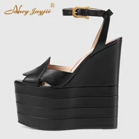 black nude genuine leather 10cm platform sandals for female 2021 summer women%e2%80%99s 20cm wedges novelty sandal big size 16 46 shoes