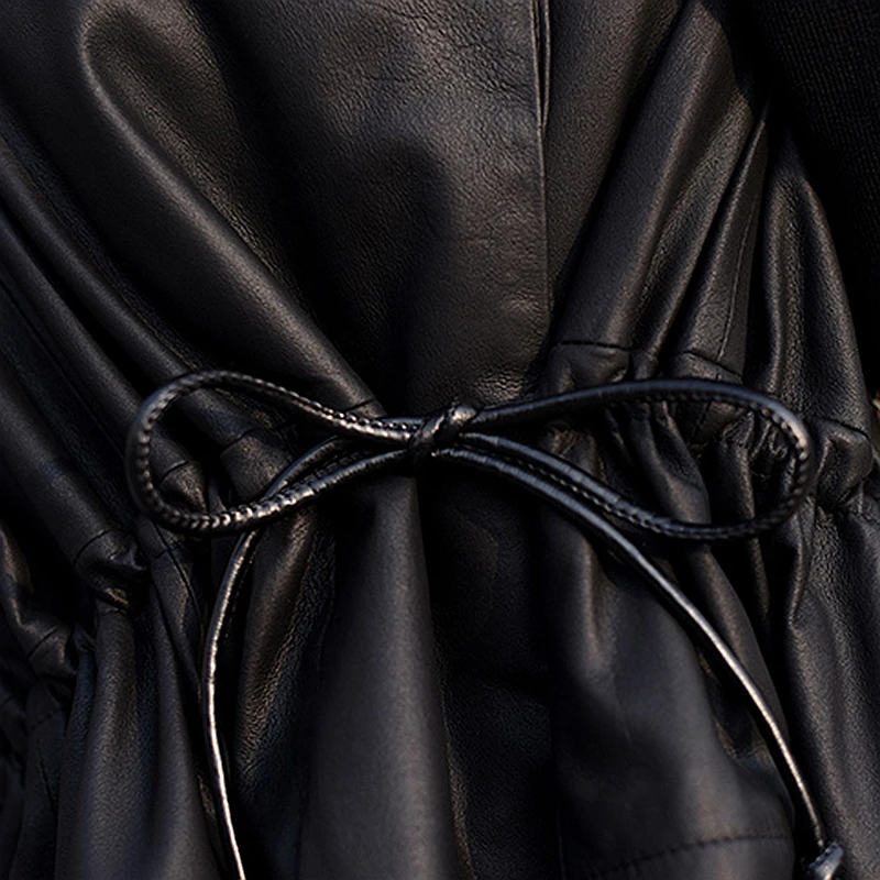 Кожаная куртка из 100% овчины 2017 новая модная черная с длинным рукавом в складку