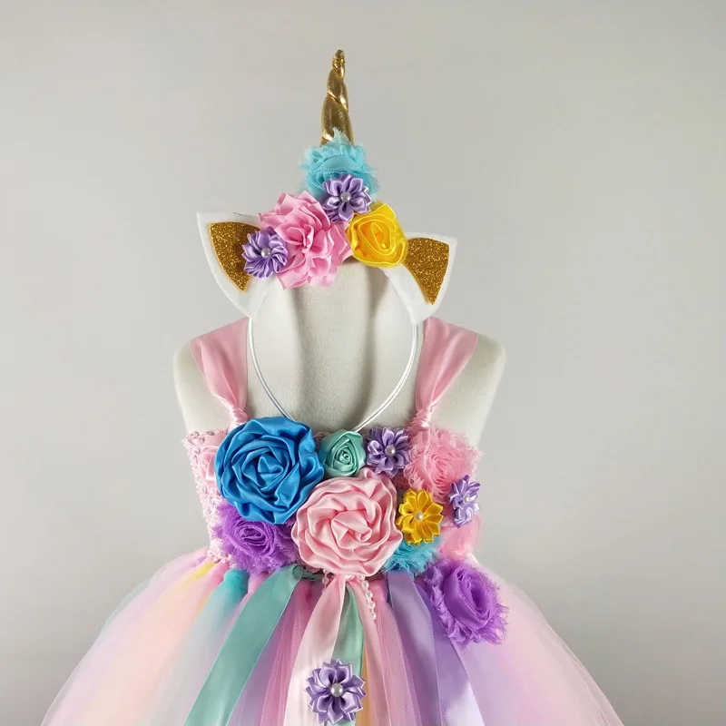 Цветок для девочек с единорогом платье-пачка пастельная Радуга принцессы для девочек платье для дня рождения Для детей Хэллоуин костюм единорога