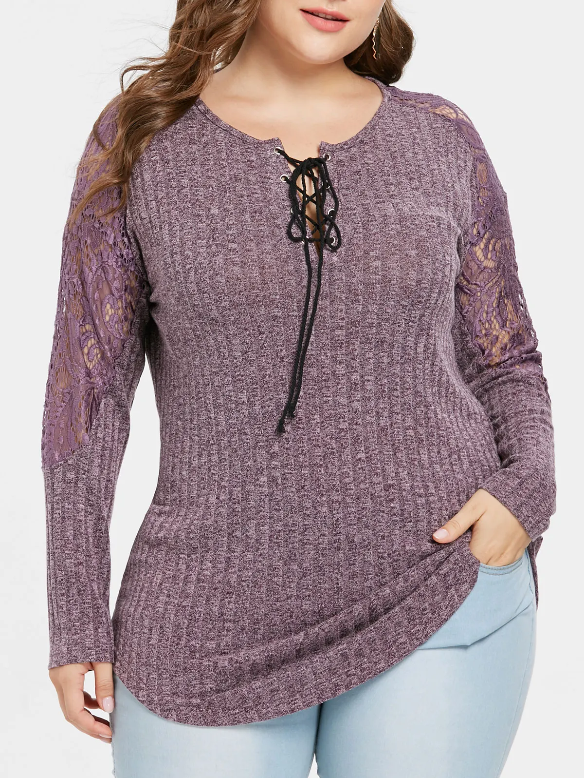 Wipalo Women Autumn Plus Size 5XL Lace Insert Marled Knitwear Casual Up Front O Neck Long Sleeve Pullover Sweater | Женская одежда