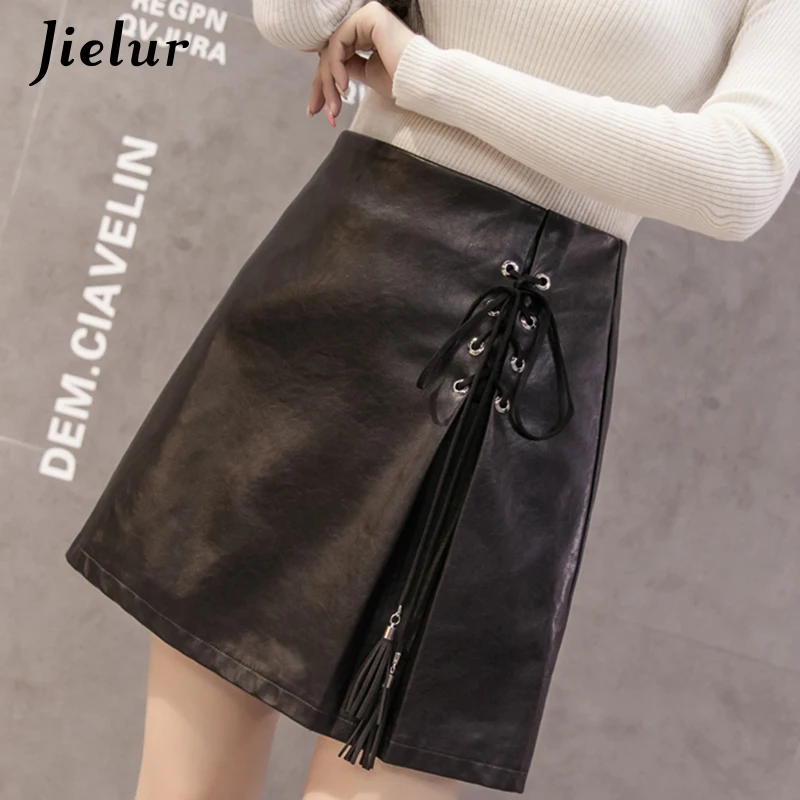 Jielur 2019 осенние корейские трапециевидные юбки из искусственной кожи женские для