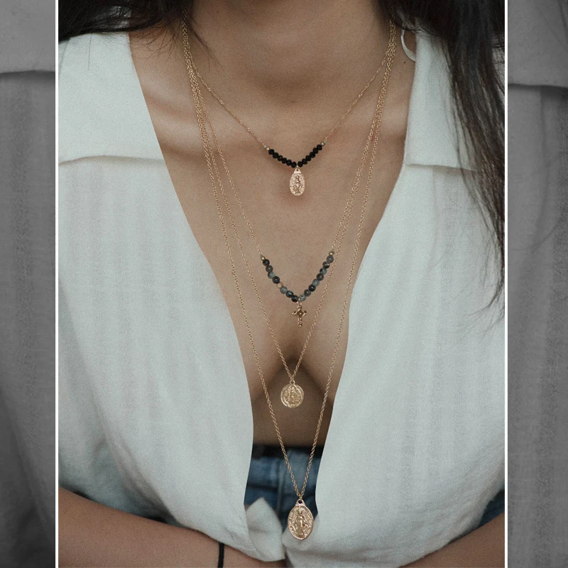 Цепочка с подвеской крестом женская многослойное ожерелье монеткой 4 слоя Иисус