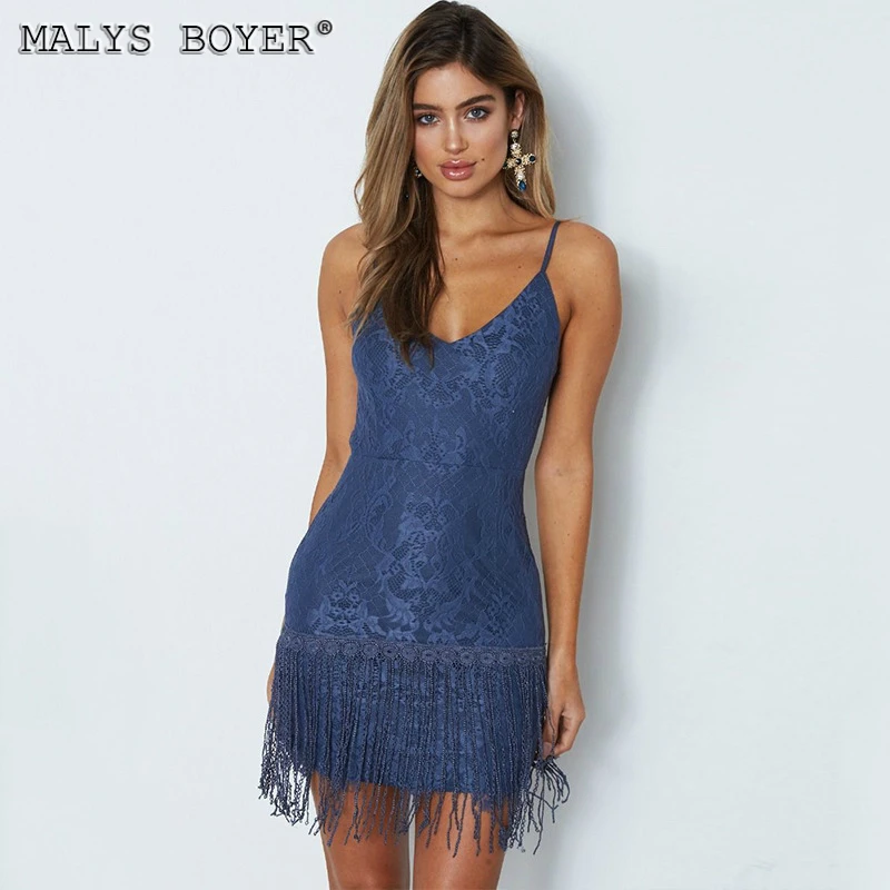 Новинка 2019 летнее однотонное платье для женщин на бретелях кружевное с бахромой