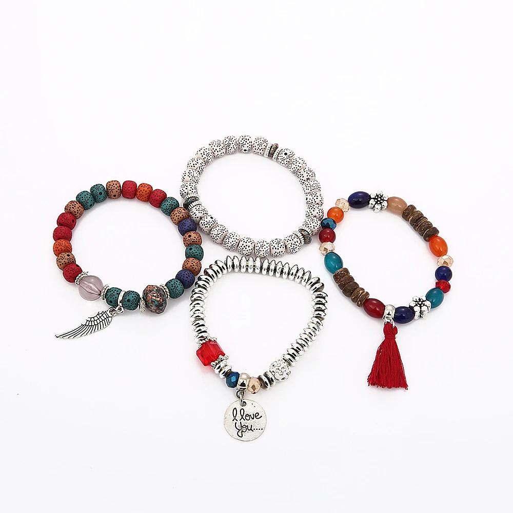 Модный комплект из 4 предметов тянущийся браслет женские круглые бусины