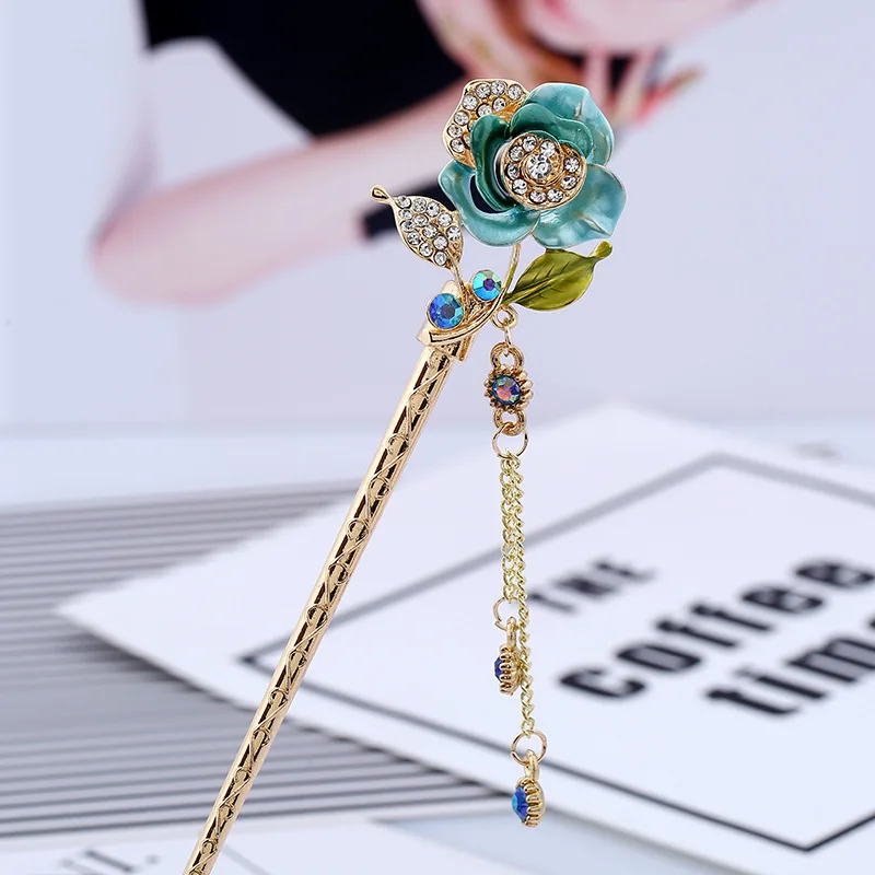 Chinese Traditional Hair Stick Women Handmade Metal Rhinestone Hairpin Fashion Classic Vintage Hair Accessories Tiara haarspeld - Окраска металла: Blue Color