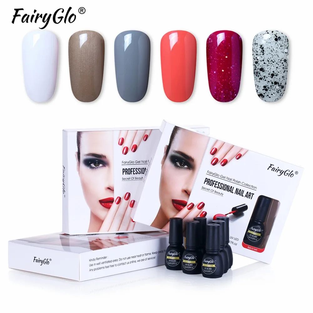 FairyGlo 6 шт./кор. набор гелевых ногтей УФ Однотонная Одежда Комплект гель-лаков для ногтей гибрид гель Лаки Краски покрытие для ногтей, полустойкое к Lucky лак для горячего тиснения клей