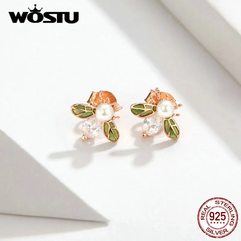 WOSTU, серьги-гвоздики Пчелка в виде животных, 925 пробы, серебро, Пресноводный Жемчуг, циркониевые серьги для женщин, ювелирные изделия для свадебной вечеринки CQE643