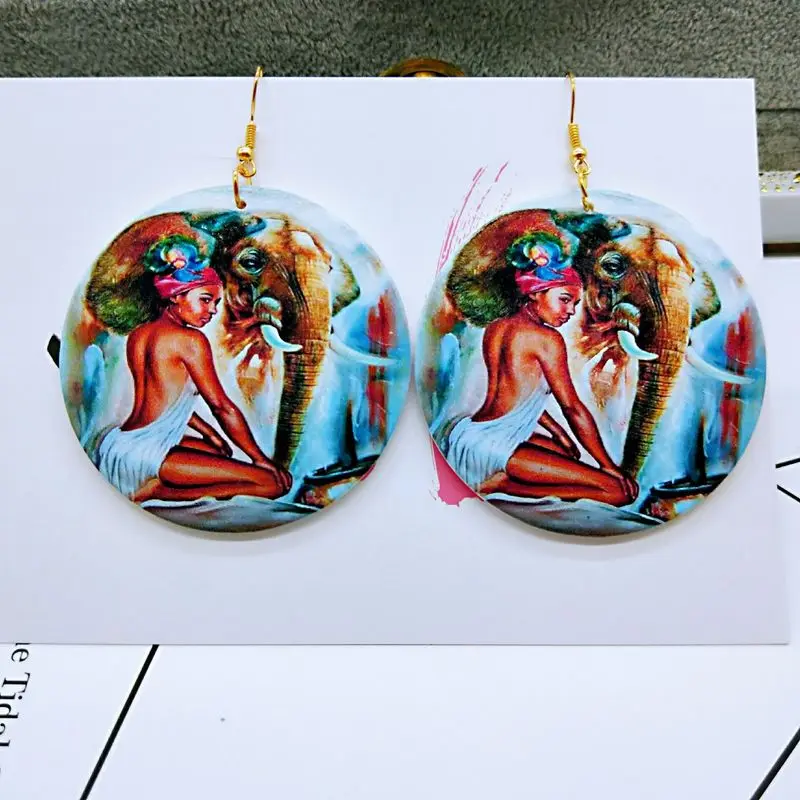 THRWELL серьги для женщин Африканский Личность Простой ретро дерево печати круглый