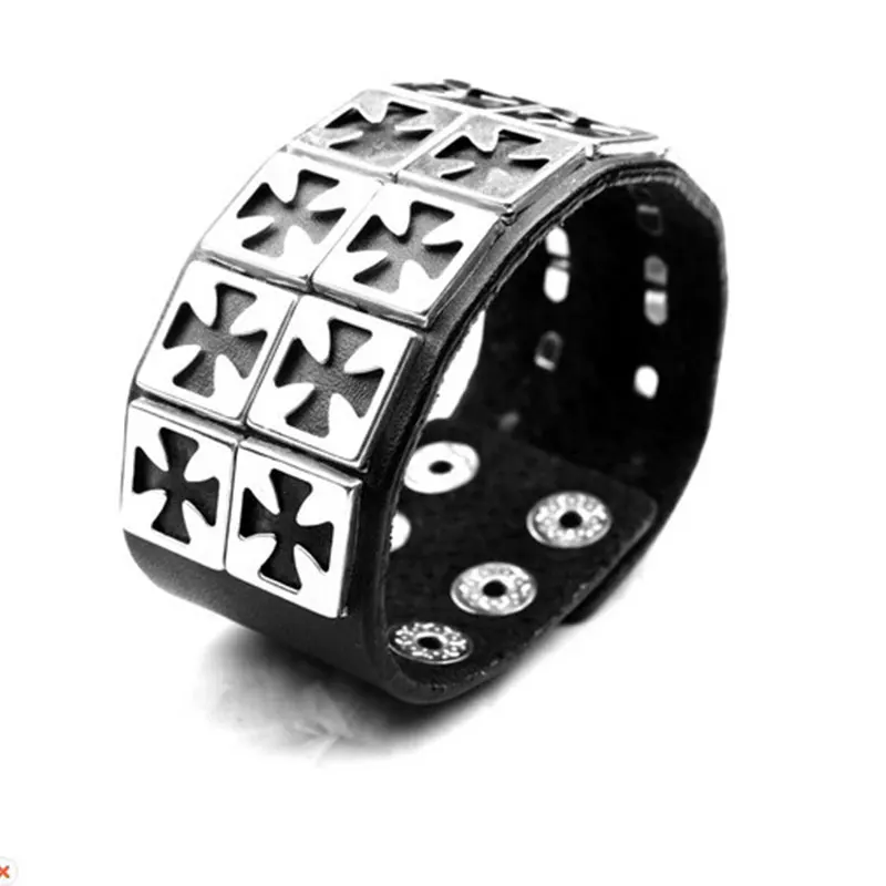 Женский и мужской браслет с тремя Регулируемыми пряжками черный кожаный для