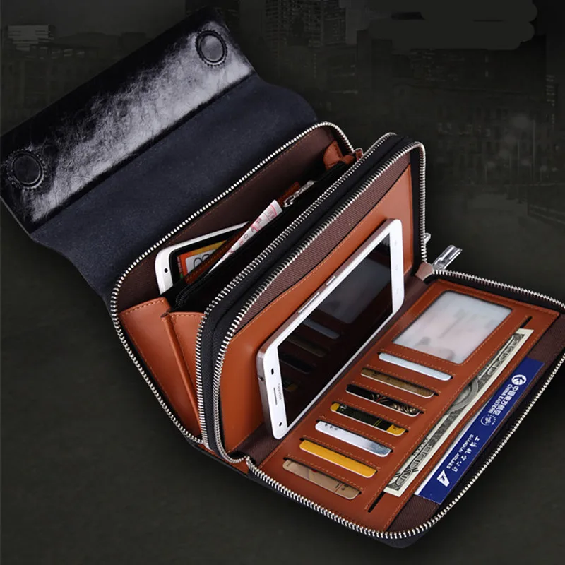 

Luxury Oil Wax Cowhide Men Clutch Bag Long Genuine Leather men wallets Double Zipper Layers Business Clutches Purse 2021 New