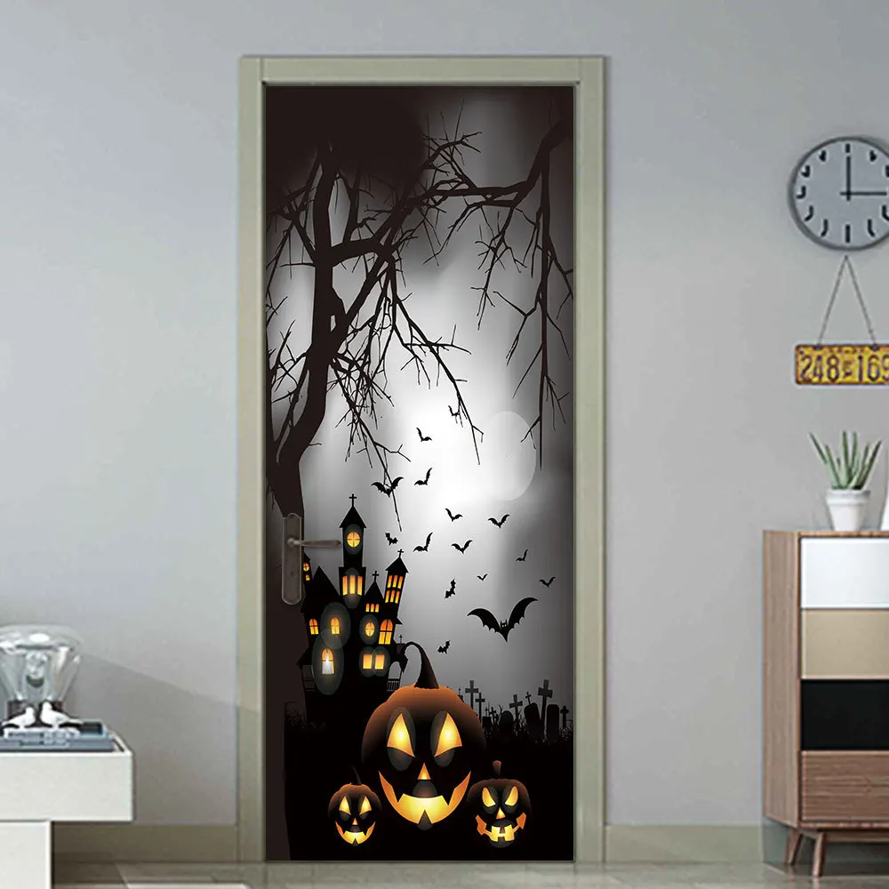 Fog Moon Night Pumpkin Bat Sticker Halloween Decoration Door Party Decal | Дом и сад