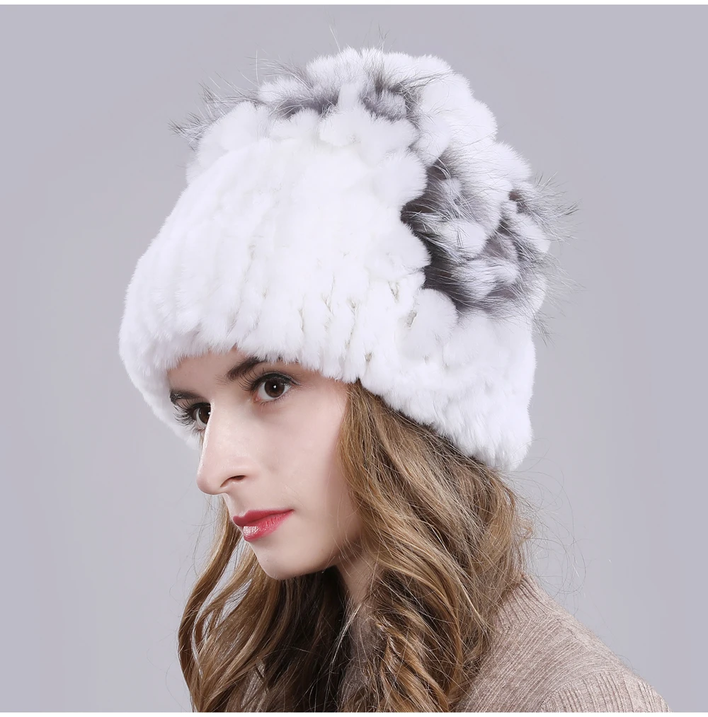 Новые русские Женские Настоящий мех кролика Skullies шапки Роскошные вязаные цветы натуральная шапка из меха кролика рекс зимние натуральный мех шапочки