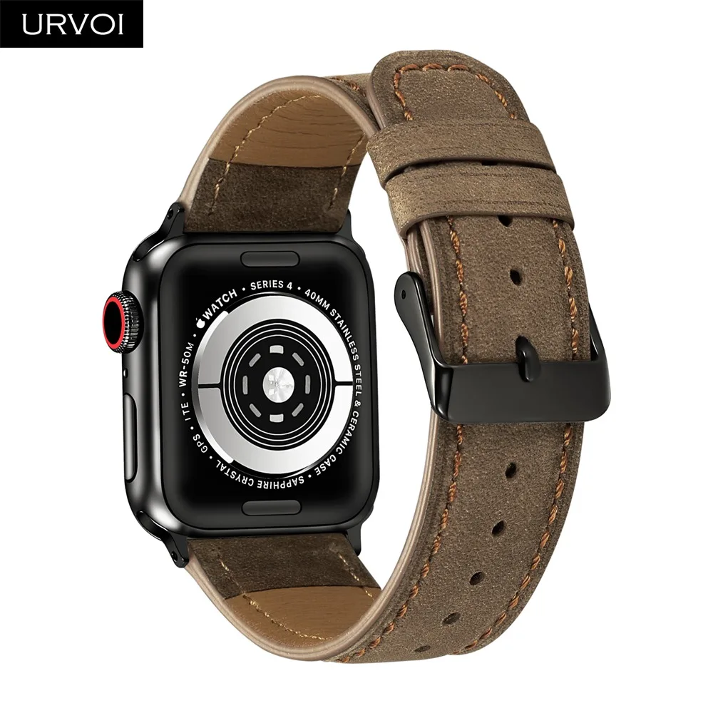 Ремешок URVOI для apple watch series 5 4 3 2 1 кожаный ремешок для iwatch с черной пряжкой мягкая и удобная телячья кожа 40 44 мм