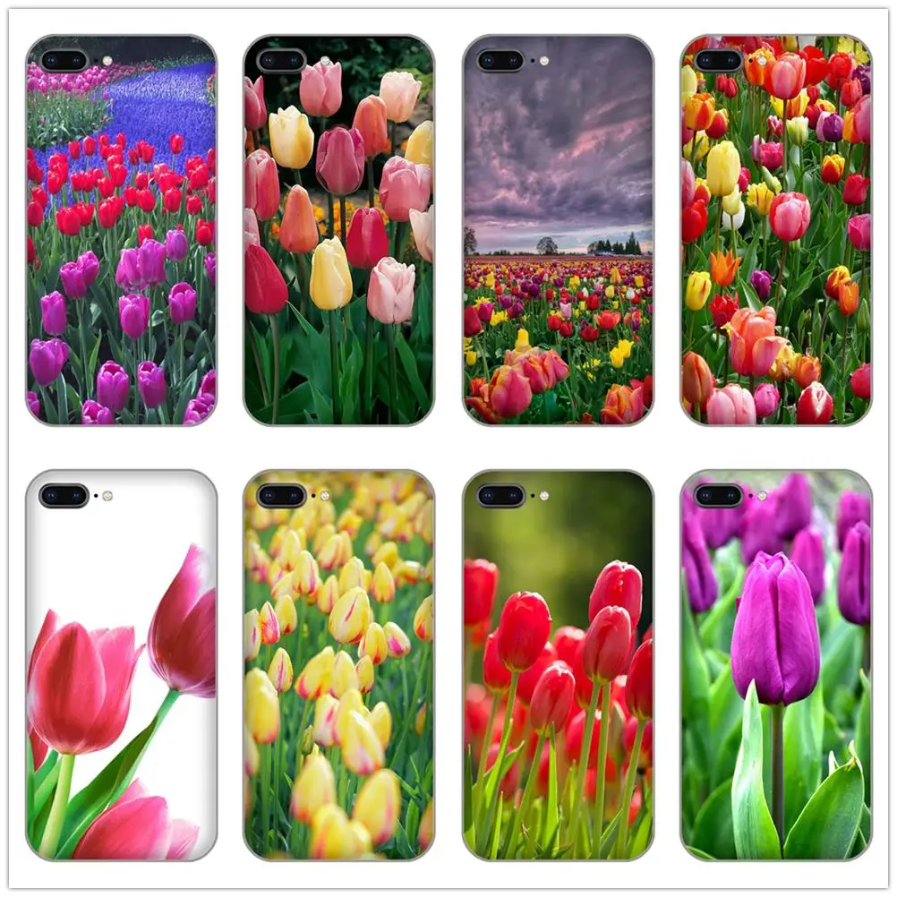 Красивое платье с цветочным принтом на весну и красными тюльпанами чехол для