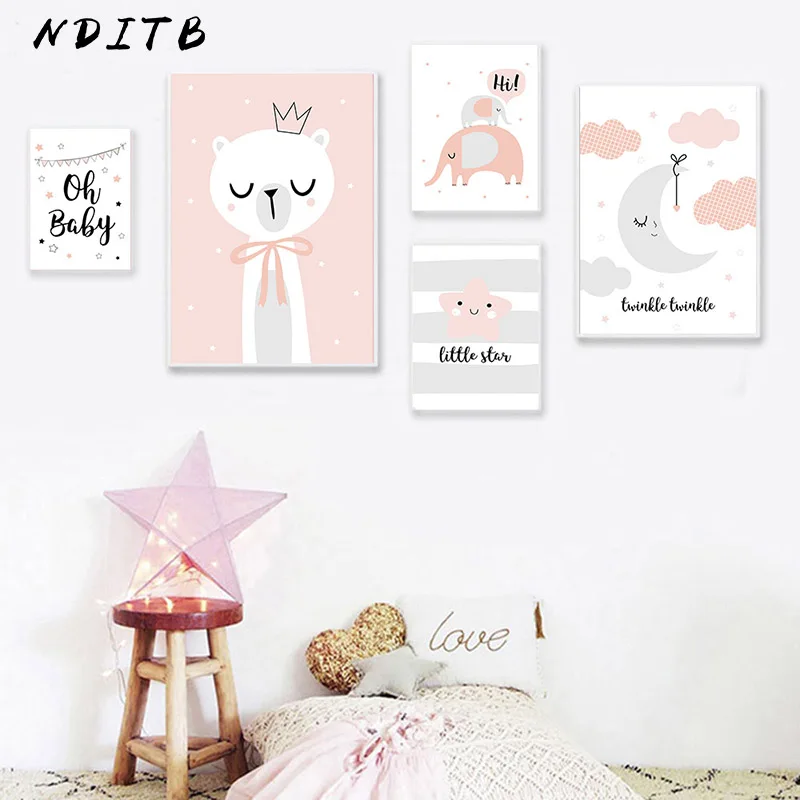 Мультяшный медведь Луна Холст плакат простой детский настенный художественный