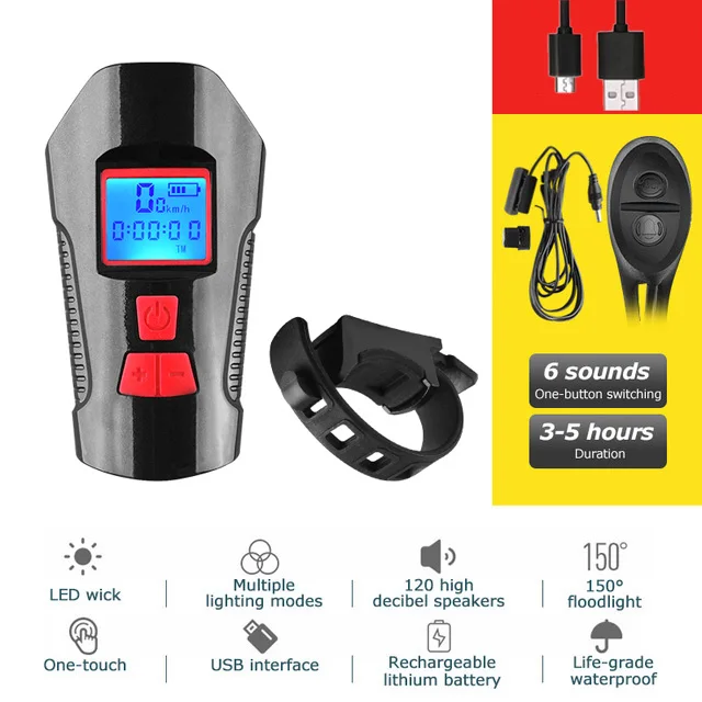 black-red 4 режима USB велосипедный светильник и велосипедный компьютер 6 режимов Рог вспышка светильник велосипедный Спидометр светодиодный передний светильник s велосипедный головной светильник - Цвет: black-red