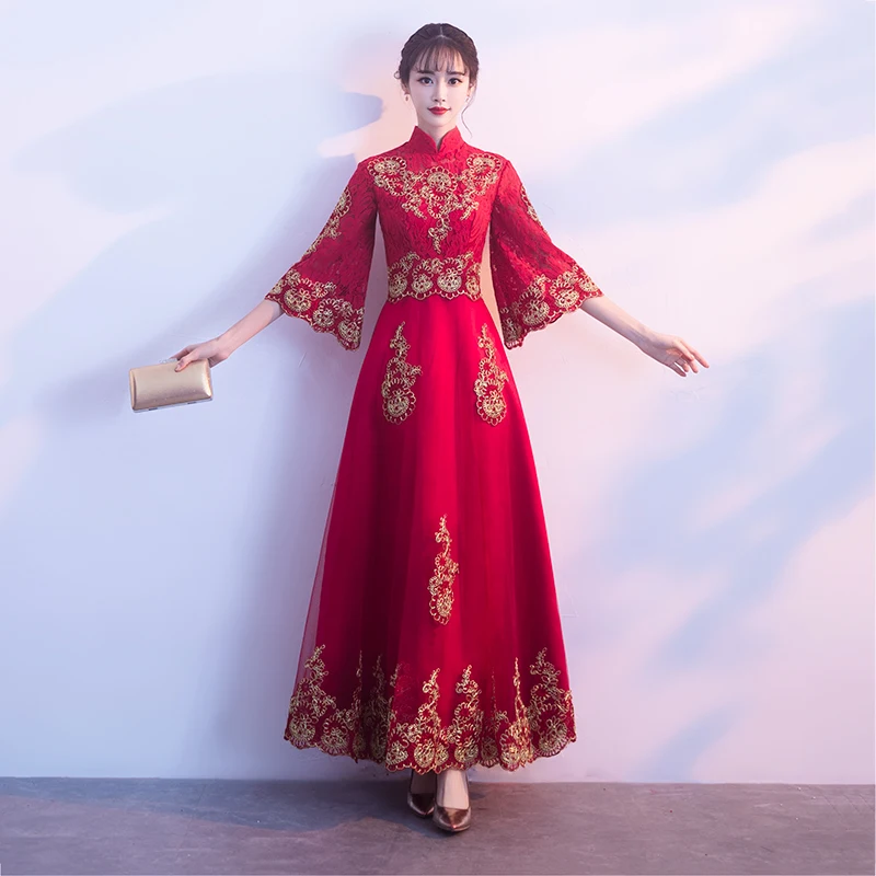 Новое поступление женское красное кружево Qipao классическое свадебное платье подружки невесты винтажные улучшенные атласные длинные платья тост одежда