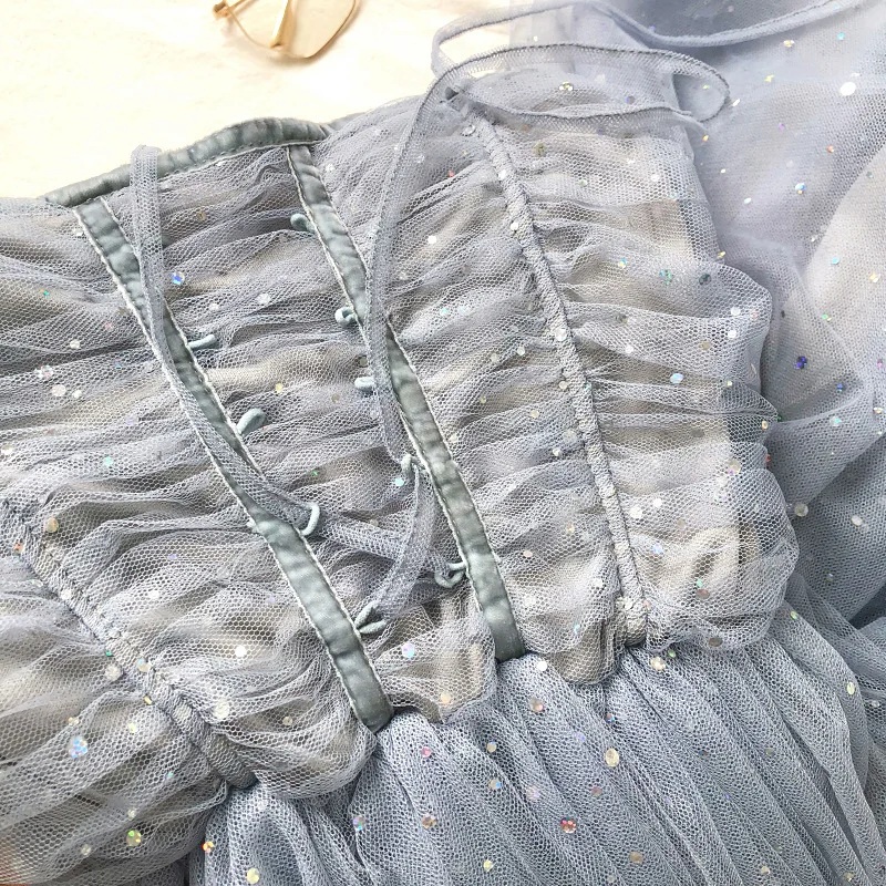 Женское летнее Бандажное платье на шнуровке с блестками и оборками, повседневное эластичное тонкое сетчатая вуаль с высокой талией, пуловер на бретелях, Тюлевое платье