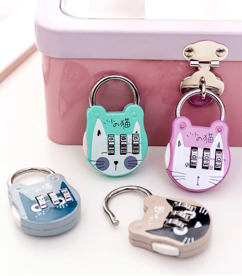 1pc Cute Cat Luggage Padlock Suitcase Backpack Password Lock Cartoon Mini Keyed Padlock Journal Notebook Handbag Code Locks