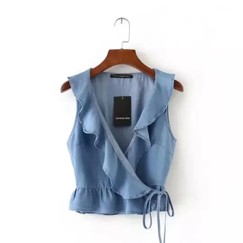 2018 летний однотонный короткий женский жилет с воланами ковбойская майка топ