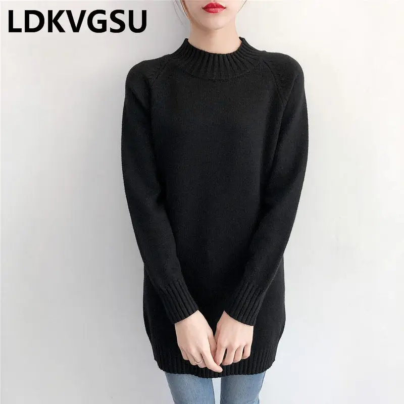 Long Sweater Female 2019 Autumn Winter New Women's Korean Loose Large Size Thick Round Neck Solid Color Knit Dress Is1559 | Женская